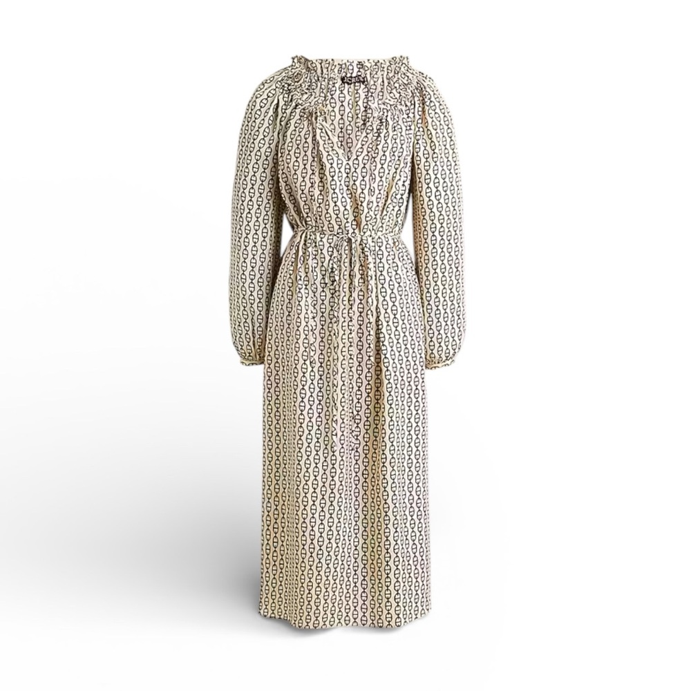 J. Crew Ruffleneck Midi Dress in Vintage Link Print L Cream Black Sheath NWT